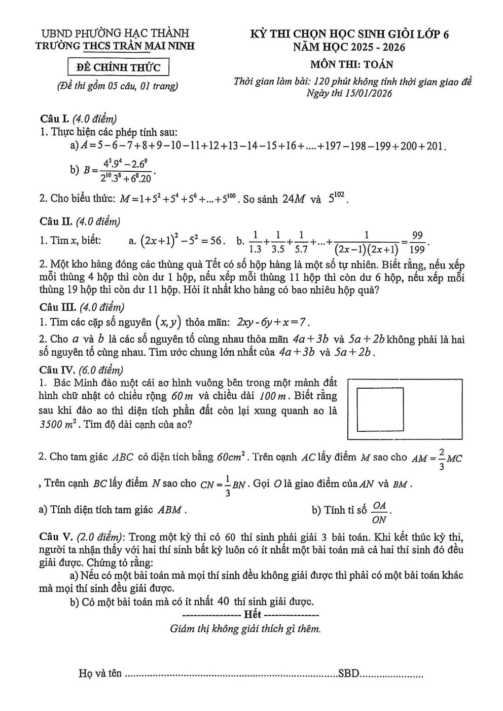 Đề thi học sinh giỏi Toán 6 trường THCS Trần Mai Ninh (Thanh Hóa) năm 2025-2026