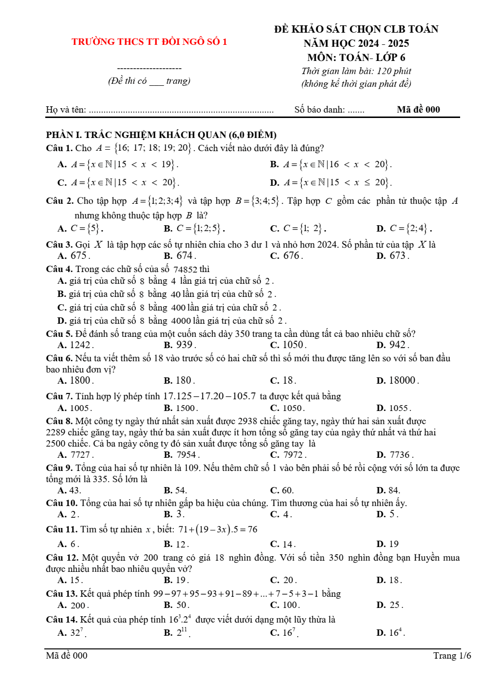 Đề thi học sinh giỏi Toán 6 trường THCS TT Đồi Ngô (Bắc Ninh) năm 2025-2026