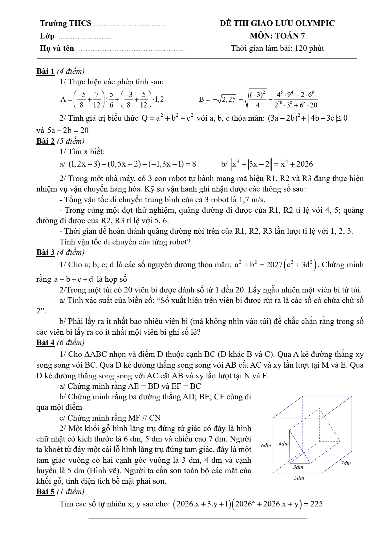 Đề thi học sinh giỏi Toán 7 cụm trường THCS (Hà Nội) năm 2025-2026