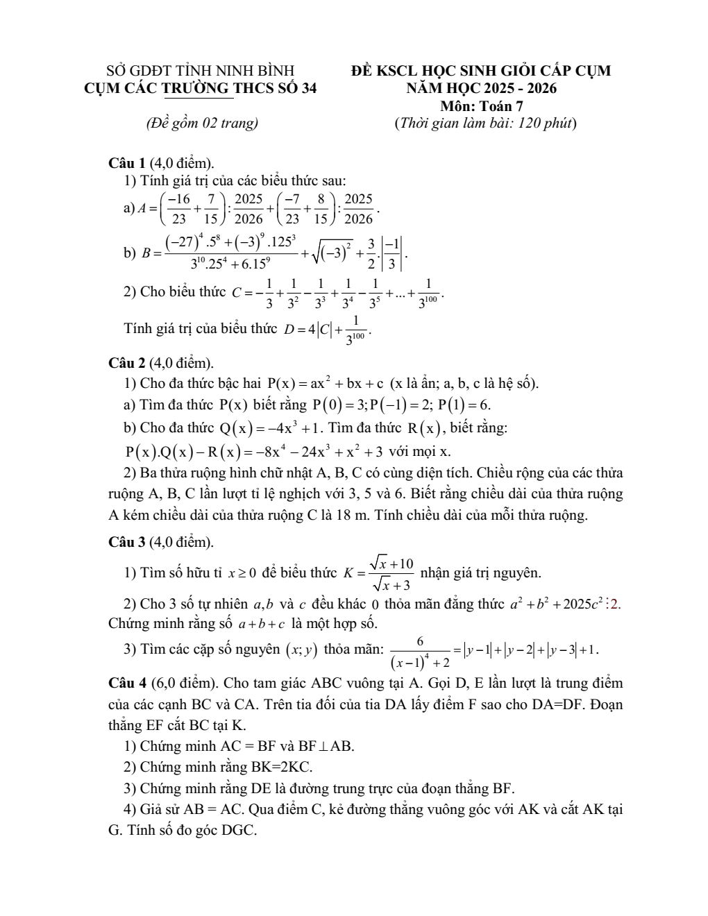 Đề thi học sinh giỏi Toán 7 cụm các trường THCS số 34 (Ninh Bình) năm 2025-2026