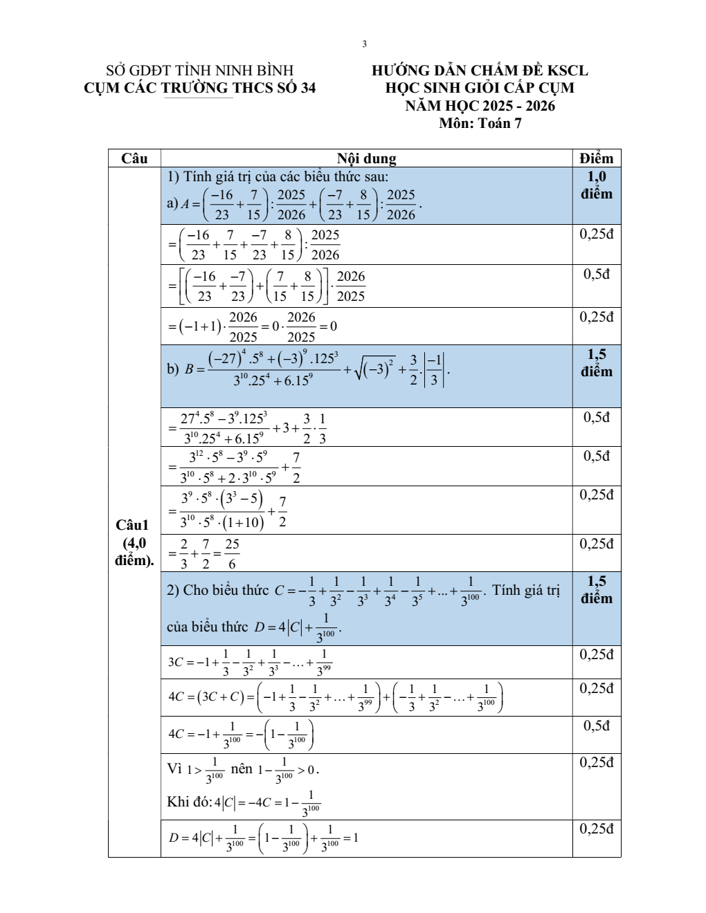 Đề thi học sinh giỏi Toán 7 cụm các trường THCS số 34 (Ninh Bình) năm 2025-2026