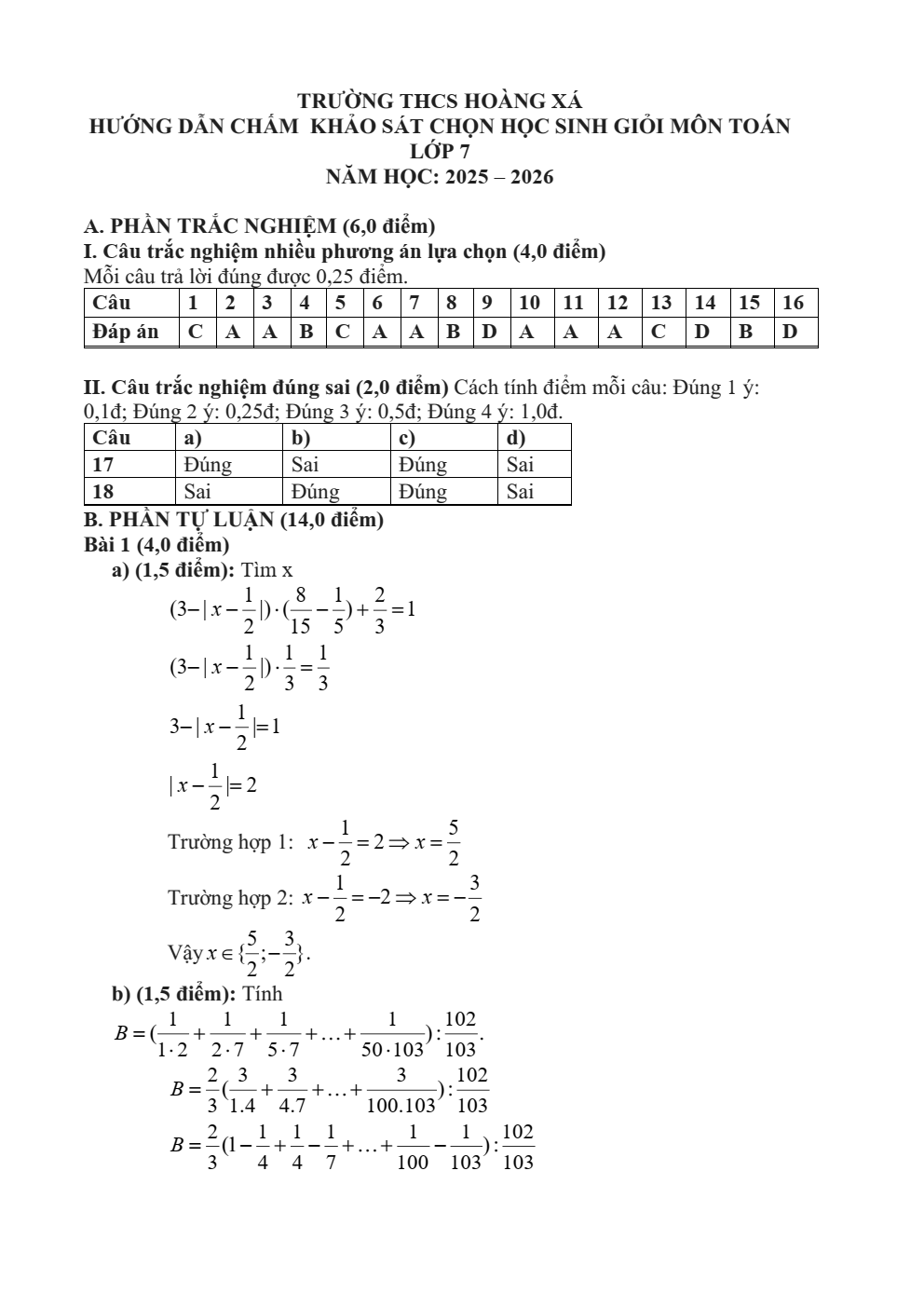 Đề thi học sinh giỏi Toán 7 trường THCS Hoàng Xá (Phú Thọ) năm 2025-2026