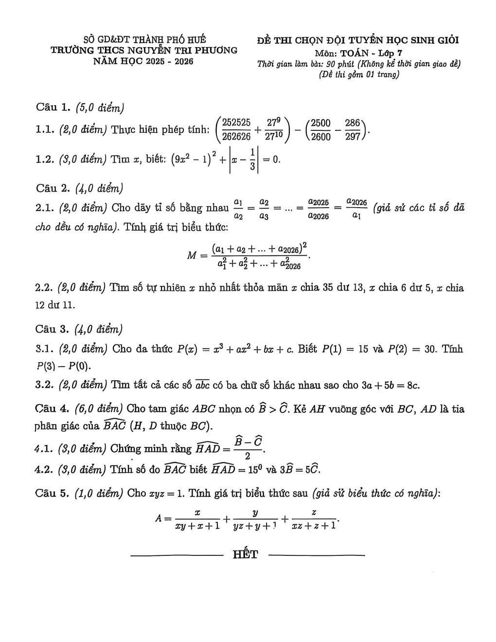 Đề thi học sinh giỏi Toán 7 trường THCS Nguyễn Tri Phương (Huế) năm 2025-2026