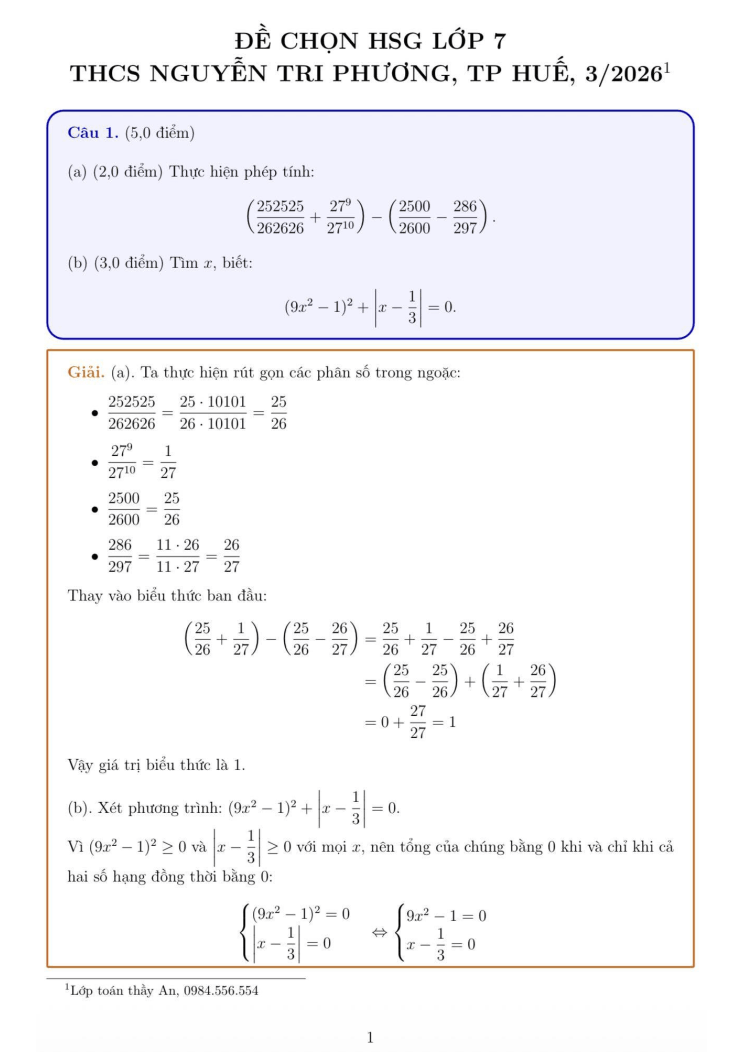 Đề thi học sinh giỏi Toán 7 trường THCS Nguyễn Tri Phương (Huế) năm 2025-2026