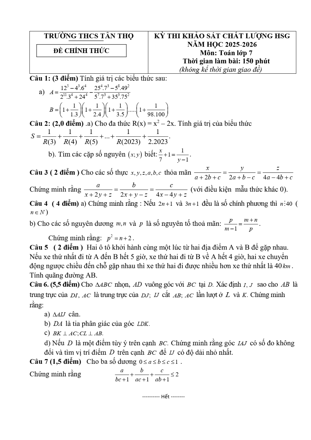 Đề thi học sinh giỏi Toán 7 trường THCS Tân Thọ (Thanh Hóa) năm 2025-2026