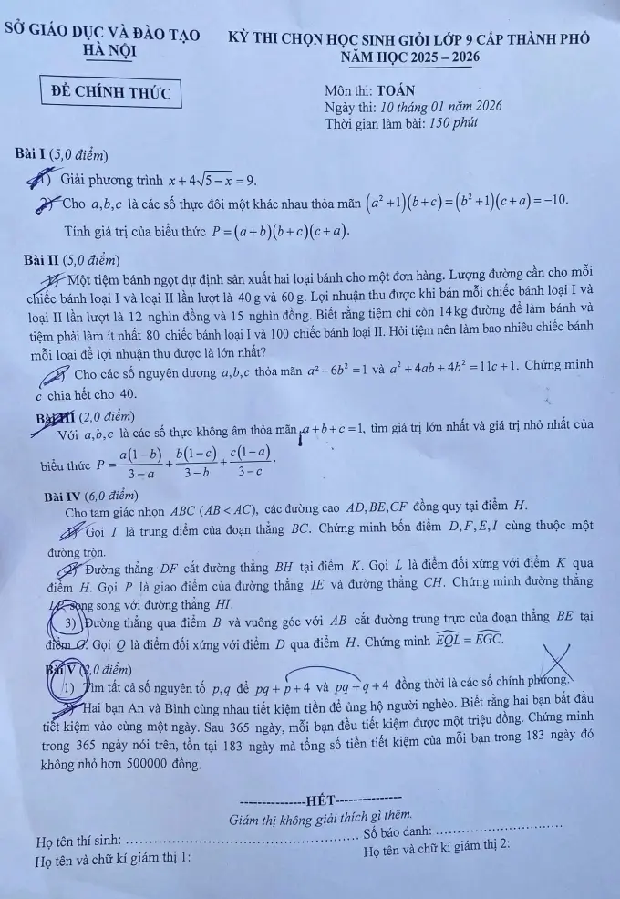 Đề thi học sinh giỏi Toán 9 thành phố Hà Nội năm 2025-2026