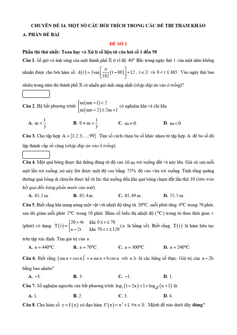 Ôn thi ĐGNL, ĐGTD) Chuyên đề: Một số câu hỏi trích trong các đề thi tham khảo