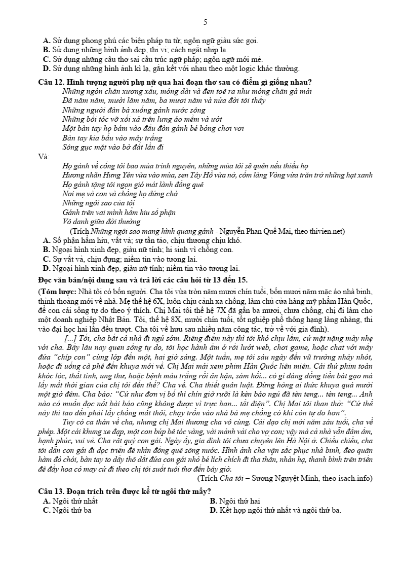 Đề minh họa ĐGNL Đại học Cần thơ môn Ngữ văn
