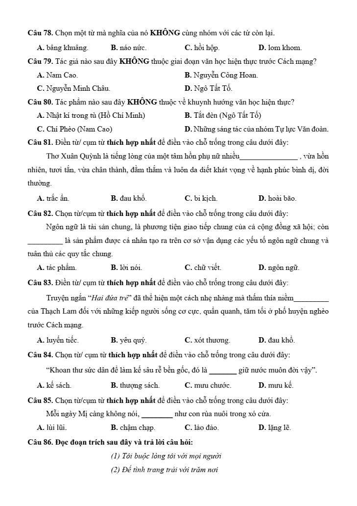 10+ Đề thi ĐGNL Bộ Quốc phòng phần Văn học - Ngôn ngữ (có lời giải)