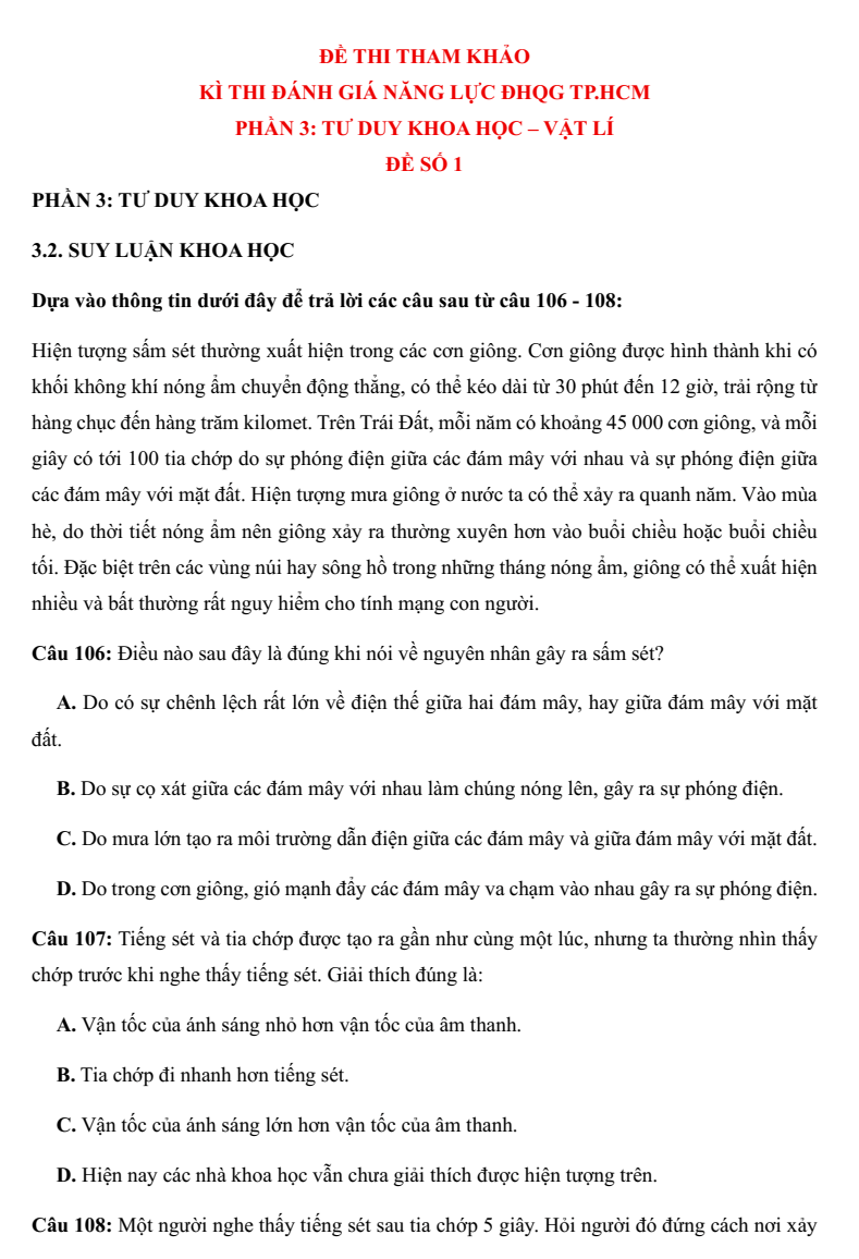 30+ Đề thi ĐGNL ĐHQG TP.HCM VACT môn Vật Lí (có lời giải)