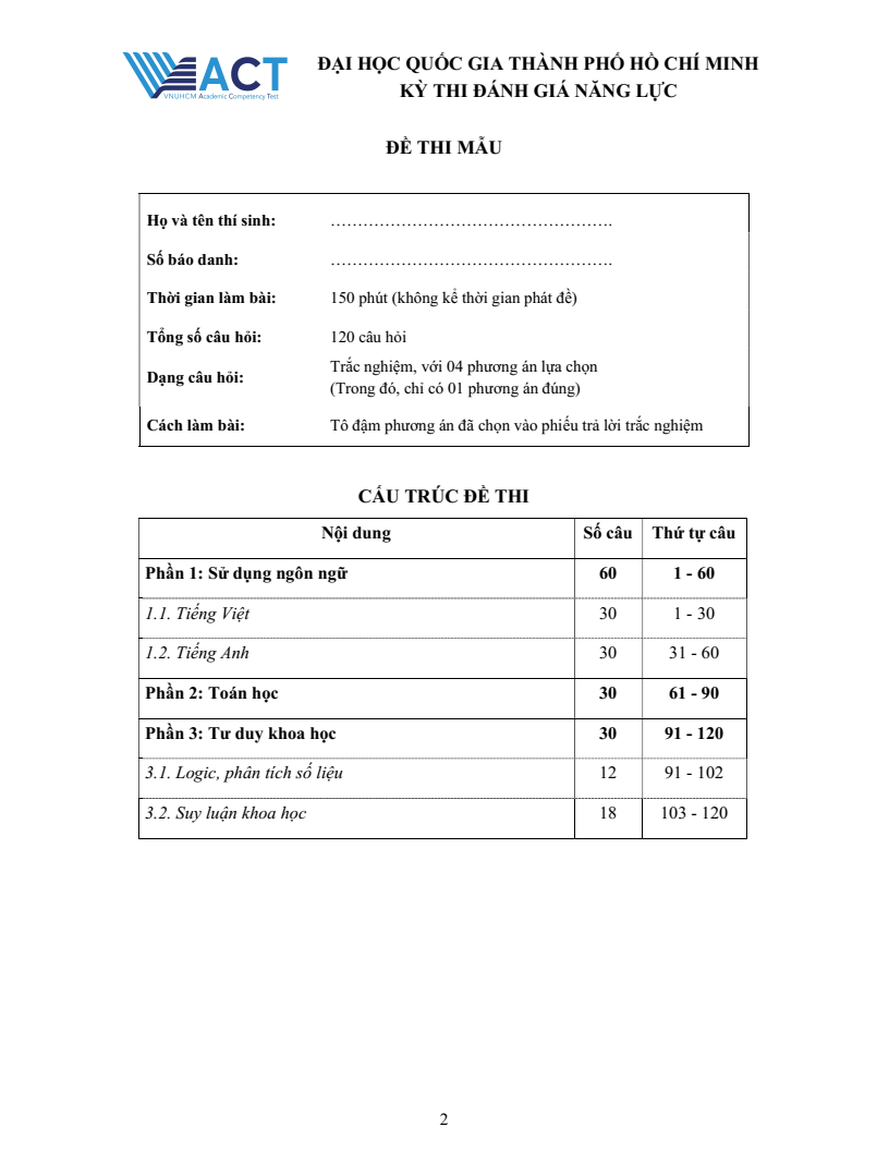 Đề thi mẫu ĐGNL ĐHQG Tp.HCM năm 2026