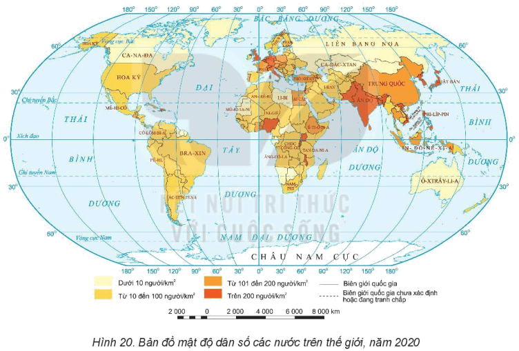 Dựa vào hình 20 và thông tin trong mục 1, hãy Xác định trên bản đồ một số nước có mật độ dân số trên 200 người/km2