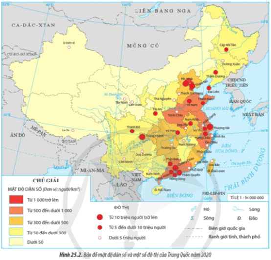 Dựa vào hình 25.2, hãy nhận xét về sự phân bố dân cư và đô thị của Trung Quốc (ảnh 2)