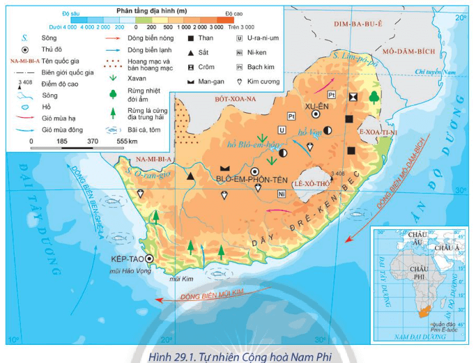Dựa vào hình 29.1 và thông tin trong bài hãy xác định vị trí địa lí Cộng hoà Nam Phi