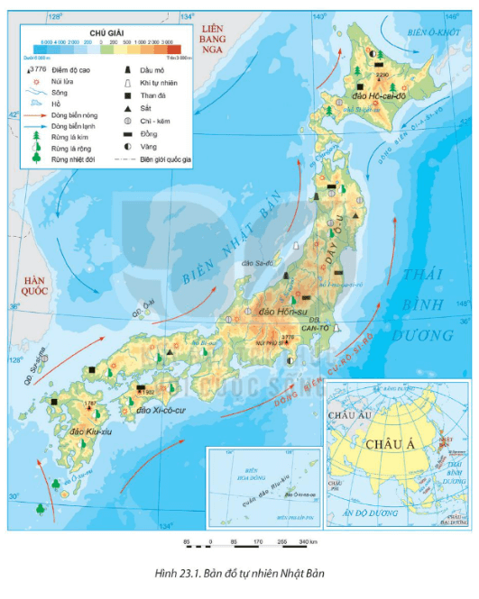 Dựa vào thông tin mục II và hình 23.1 trình bày điều kiện tự nhiên và tài nguyên thiên nhiên của Nhật Bản