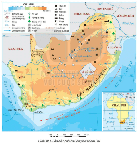 Dựa vào thông tin mục II và hình 30.1 nêu điều kiện tự nhiên và tài nguyên thiên nhiên của Cộng hòa Nam Phi