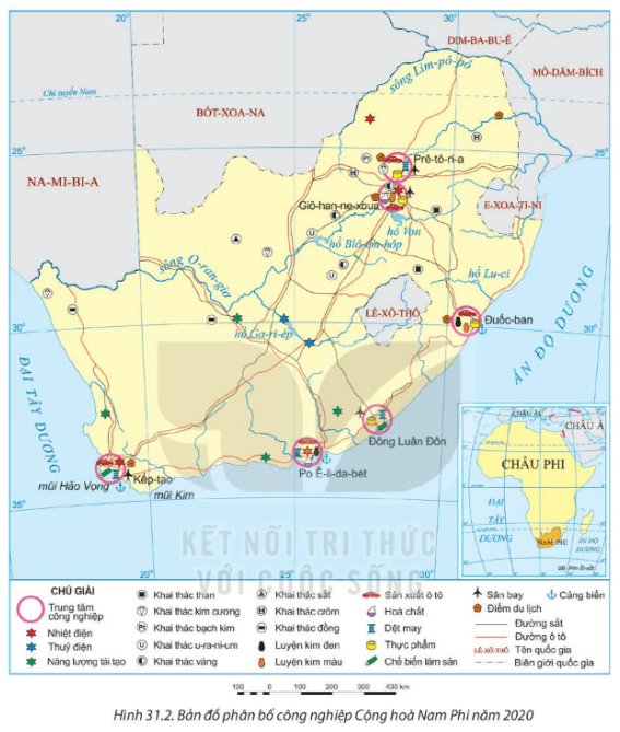 Dựa vào thông tin mục 2 và hình 31.2 trình bày đặc điểm nổi bật của ngành công nghiệp Cộng hòa Nam Phi