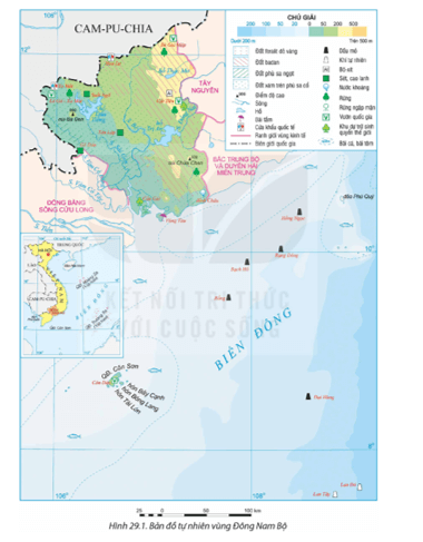 Dựa vào thông tin mục 1 và hình 29.1, hãy: Xác định vị trí địa lí và phạm vi lãnh thổ vùng Đông Nam Bộ