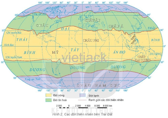 Xác định trên bản đồ hình 2 phạm vi của các đới thiên nhiên trên Trái Đất