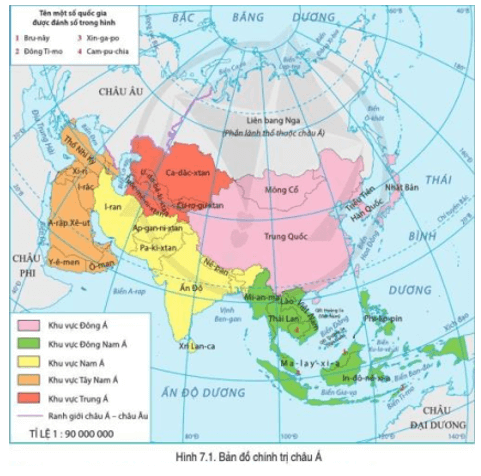 Quan sát hình 7.1, hãy xác định các khu vực của châu Á