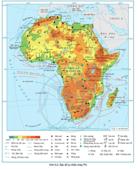 Đọc thông tin và quan sát hình 9.2, hãy Xác định các sơn nguyên, bồn địa, các dãy núi của châu Phi