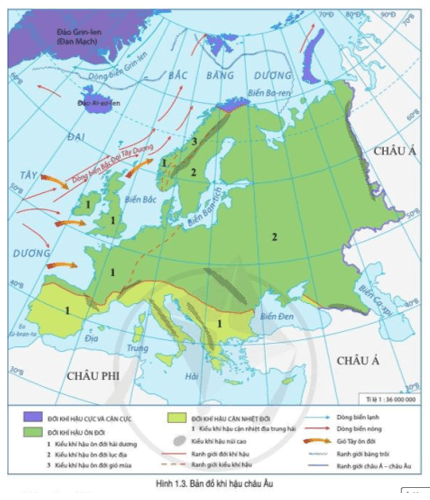 Đọc thông tin và quan sát hình 1.3 hãy phân tích sự phân hóa khí hậu ở Châu Âu