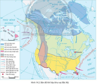 Dựa vào hình 14.2 và thông tin trong bài Trình bày sự phân hóa khí hậu Bắc Mỹ theo chiều bắc – nam