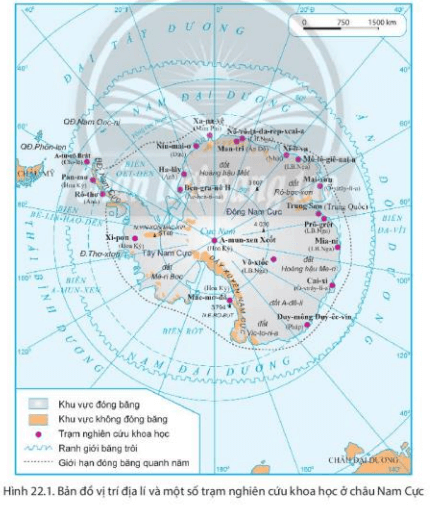 Dựa vào hình 22.1 và thông tin trong bài, em hãy: Xác định vị trí địa lí của châu Nam Cực