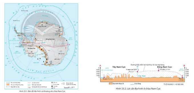 Dựa vào hình 23.1, hình 23.2, và thông tin trong bài, cho biết đặc điểm nổi bật của địa hình bề mặt châu Nam Cực