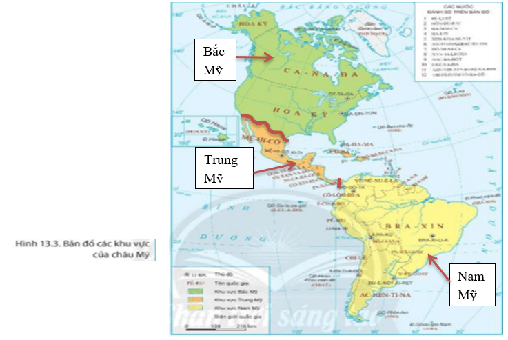 Dựa vào hình 13.3 xác định vị trí các khu vực Bắc Mỹ, Trung Mỹ, Nam Mỹ