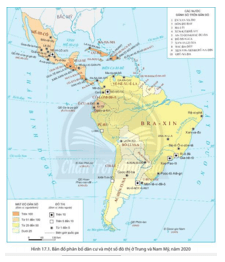 Dựa vào hình 17.1, nhận xét đặc điểm phân bố các đô thị ở Trung và Nam Mỹ