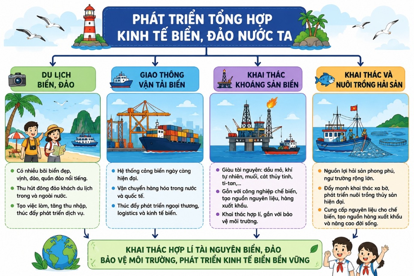 Vẽ sơ đồ thể hiện vấn đề phát triển tổng hợp kinh tế biển, đảo nước ta