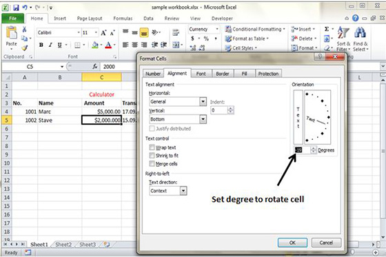 Rotate cell from Formatting cells