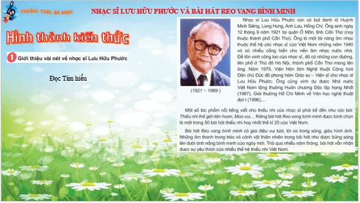 Giáo án điện tử Âm nhạc lớp 4 Kết nối tri thức Thường thức âm nhạc: Nhạc sĩ Lưu Hữu Phước và bài hát Reo vang bình minh | PPT Âm nhạc 4