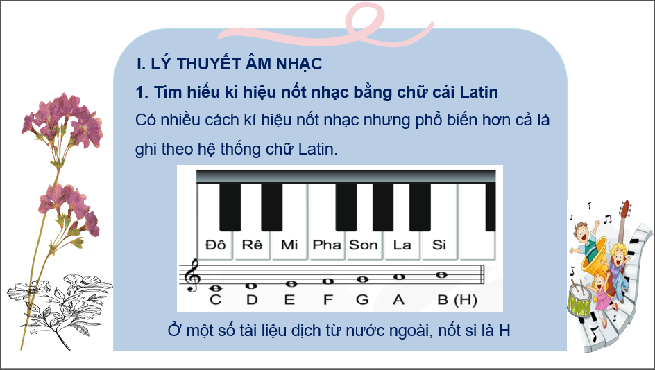Giáo án điện tử Âm nhạc 6 Kết nối tri thức Lí thuyết âm nhạc: Kí hiệu âm bằng hệ thống chữ cái Latin | PPT Âm nhạc 6