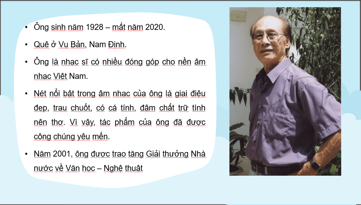 Giáo án điện tử Âm nhạc 6 Kết nối tri thức Thưởng thức âm nhạc: Nhạc sĩ Văn Ký và tác phẩm Bài ca hy vọng | PPT Âm nhạc 6