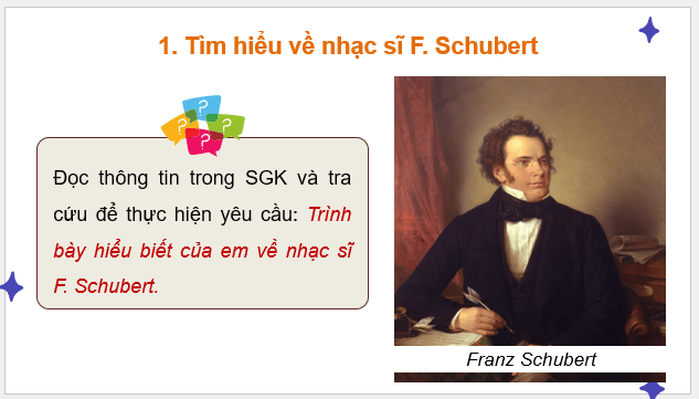 Giáo án điện tử Âm nhạc 9 Kết nối tri thức Thường thức âm nhạc: Nhạc sĩ Franz Peter Schubert và khúc nhạc Serenade | PPT Âm nhạc 9