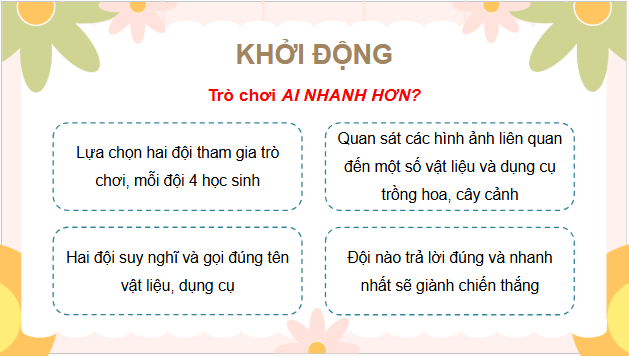 Giáo án điện tử Công nghệ lớp 4 Kết nối tri thức Bài 3: Vật liệu và dụng cụ trồng hoa, cây cảnh trong chậu | PPT Công nghệ 4