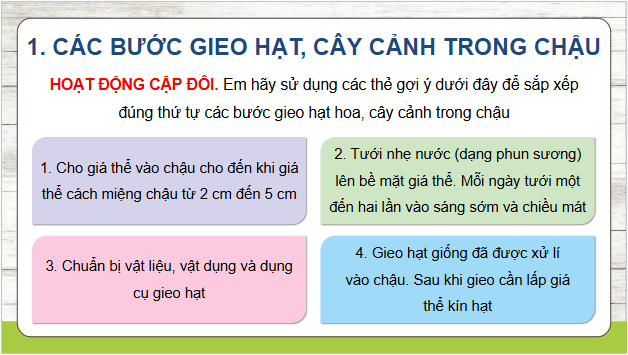 Giáo án điện tử Công nghệ lớp 4 Kết nối tri thức Bài 4: Gieo hạt hoa, cây cảnh trong chậu | PPT Công nghệ 4