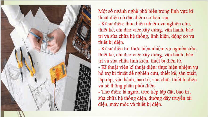 Giáo án điện tử Công nghệ 8 Bài 12: Ngành nghề phổ biến trong lĩnh vực kĩ thuật điện | PPT Công nghệ 8 Chân trời sáng tạo