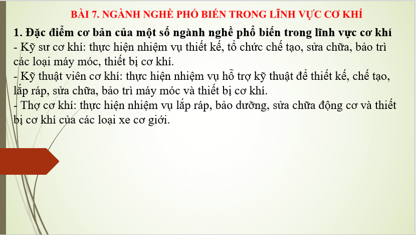 Giáo án điện tử Công nghệ 8 Bài 7: Ngành nghề phổ biến trong lĩnh vực cơ khí | PPT Công nghệ 8 Chân trời sáng tạo