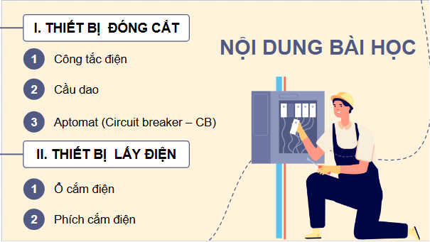 Giáo án điện tử Công nghệ 9 Kết nối tri thức Bài 1: Thiết bị đóng cắt và lấy điện trong gia đình | PPT Công nghệ 9