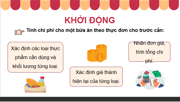 Giáo án điện tử Công nghệ 9 Kết nối tri thức Bài 5: Dự án: Tính toán chi phí bữa ăn theo thực đơn | PPT Công nghệ 9