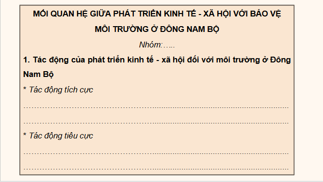 Giáo án điện tử Địa Lí 12 Chân trời sáng tạo Bài 33: Thực hành: Tìm hiểu mối quan hệ giữa phát triển kinh tế - xã hội với bảo vệ môi trường ở Đông Nam Bộ | PPT Địa 12