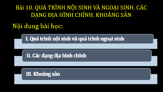 Giáo án điện tử Địa Lí 6 Chân trời sáng tạo Bài 10: Quá trình nội sinh và ngoại sinh. Các dạng địa hình chính. Khoáng sản | PPT Địa Lí 6