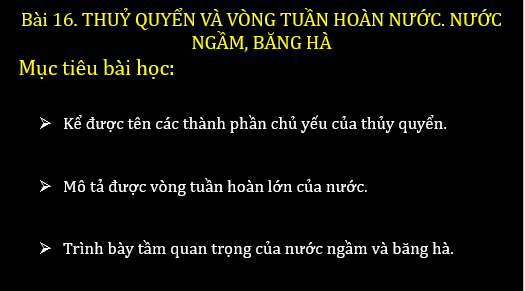 Giáo án điện tử Địa Lí 6 Chân trời sáng tạo Bài 16: Thủy quyền. Vòng tuần hoàn nước. Nước ngầm, băng hà | PPT Địa Lí 6