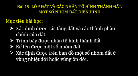 Giáo án điện tử Địa Lí 6 Chân trời sáng tạo Bài 19: Lớp đất và các nhân tố hình thành đất. Một số nhóm đất điển hình | PPT Địa Lí 6