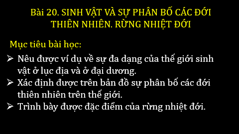 Giáo án điện tử Địa Lí 6 Chân trời sáng tạo Bài 20: Sinh vật và sự phân bố các đới thiên nhiên. Rừng nhiệt đới | PPT Địa Lí 6