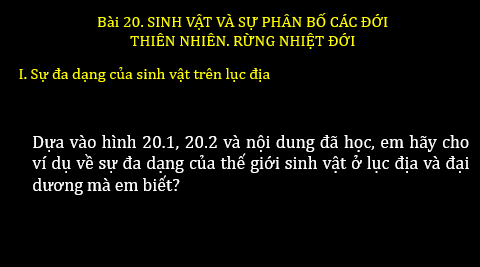 Giáo án điện tử Địa Lí 6 Chân trời sáng tạo Bài 20: Sinh vật và sự phân bố các đới thiên nhiên. Rừng nhiệt đới | PPT Địa Lí 6