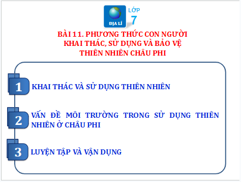 Giáo án điện tử Địa Lí 7 Chân trời sáng tạo Bài 11: Phương thức con người khai thác, sử dụng và bảo vệ thiên nhiên châu Phi | PPT Địa 7